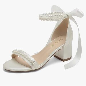 Elegant White Satin Block Heel with Pearl Ankle Strap